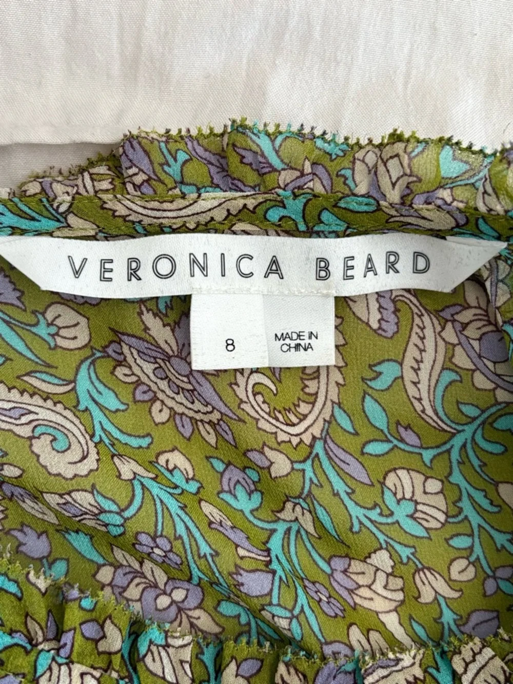 Veronica Beard Silk Paisley Blouse Green Ruffle Sleeve Top Size 8 - Picture 6 of 7